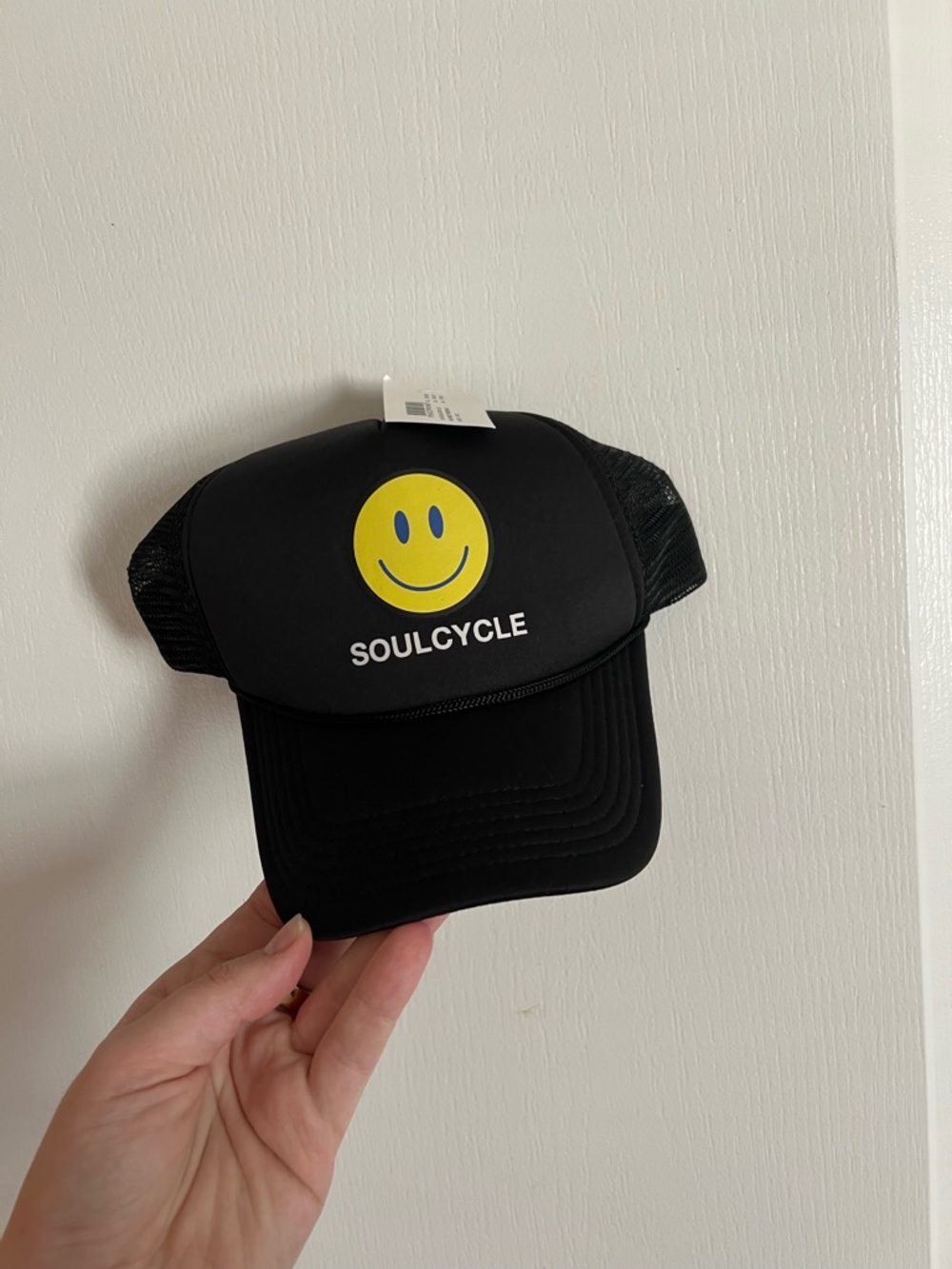 soulcycle Black Trucker Hat with Yellow Smiley Face